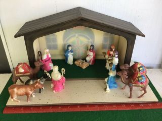 Vintage 1950’s 1960’s Mid Century Plastic Christmas Nativity Set With Barn