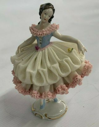 Antique Dresden Germany Lace Porcelain Woman Ballerina Figurine Doll - Pk/wht