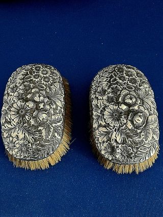 Pair Antique Gorham Sterling Silver Floral Repousse Natural Bristle Brushes