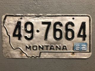 Vintage 1959 Montana License Plate Silver /black Treasure State 49 - 7664 1962 Tab