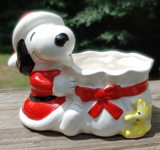 Vintage 1972 Ceramic Santa Snoopy Woodstock Christmas Planter Candy Dish