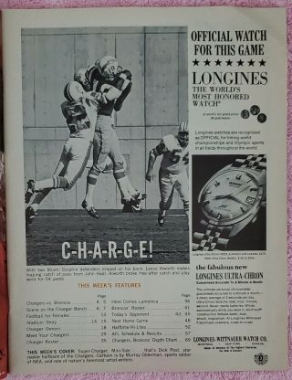1967 AFL Football Program.  San Diego Chargers vs Denver Broncos at San Diego. 2
