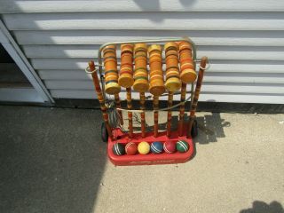 Vintage South Bend Lawnplay Wooden Croquet Set With Wheel Cart Antique