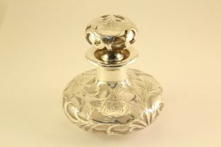 Antique Alvin 999 Sterling Silver Overlay Glass Art Nouveau Perfume Bottle 3105
