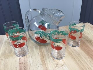 Vintage Juice Pitcher With 4 Glasses Tomato Design