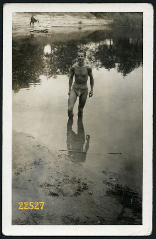 Strong Boy In Swimsuit,  Water Reflection,  Vintage Photograph,  1950 