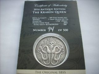 1 Oz Silver Coin " Kraken Queen " Antique Silver Coin Only 500 Slave Queen Sbss