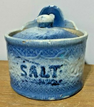 Antique Blue & White Stoneware Daisy On Snowflake Hanging Salt Crock With Lid