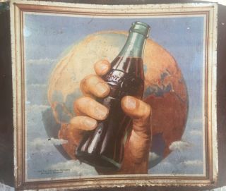 Vintage 1993 The Coca Cola Company Metal Sign World Earth Bottle Hand 13 "