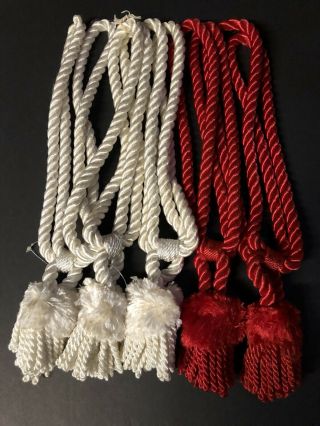 5 Vintage Red & White Curtain Drapery Tassel Tiebacks Satin Rope Cord