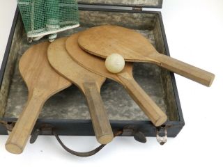 Antique Wooden Paddles Pressmans Ball Net Table Tennis Ping Pong Set Leather Box