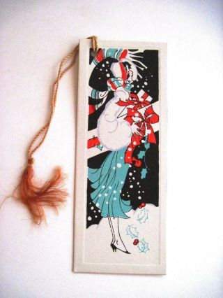Vintage Art Deco Christmas Bridge Tally W/ Woman Carrying Packages