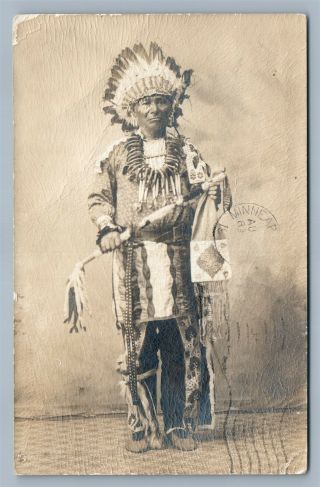 American Indian Chief In Full Dress 1906 Antique Real Photo Postcard Rppc