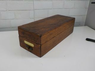 Antique Wood Oak Wooden Long Card File Box With Lid With Brass Hardware