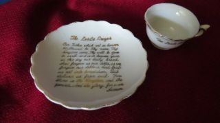 Vintage Miniature Cup And Saucer With The Lords Prayer White With Gold Accents