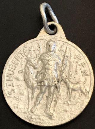 Vintage Catholic St Hubert Silver Tone Religious Medal France