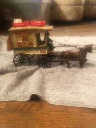 Vintage Cast Iron Toy Horse Drawn Milk Wagon 32