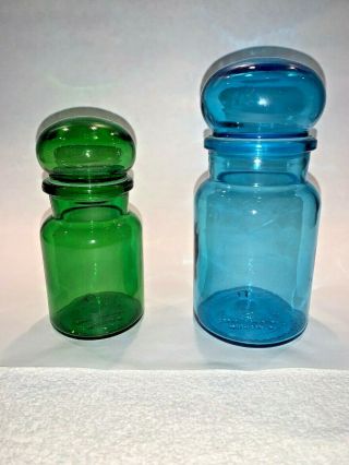 2 Vintage Blue & Emerald Green Glass Apothecary Jars Belgian Bubble Top