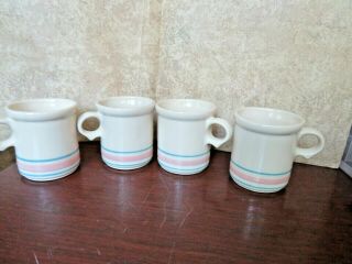 Vintage Mccoy Pottery Pink & Blue Stripe Coffee Cup Mugs Set Of 4 1412