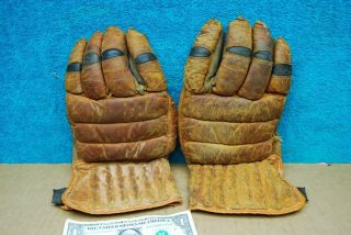 2pc Pair 1930 Antique Vintage Leather Hockey Goalie / Lacrosse Leather Gloves