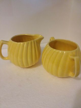 Vintage Ceramic Sugar And Creamer Set Unique Pattern Yellow 1940 