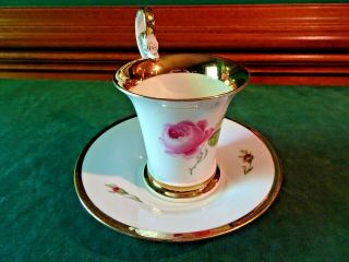 Antique Meissen Rose Swan Handled Demitasse Cup & Saucer,  Heavy Gold,  4.  5 " Tall