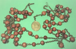 ANTIQUE NUN ' S HABIT ROSARY BROWN BEADS BRASS MEDAL SACRED HEARTS ST ANN & MARY 2