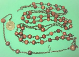 ANTIQUE NUN ' S HABIT ROSARY BROWN BEADS BRASS MEDAL SACRED HEARTS ST ANN & MARY 3
