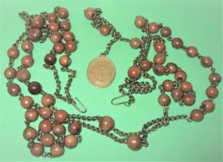 ANTIQUE NUN ' S HABIT ROSARY BROWN BEADS BRASS MEDAL ST ANN & MARY IMMACULATE OLD 3