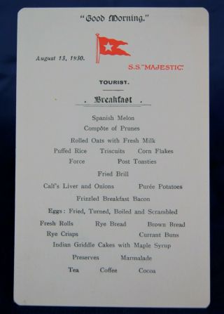White Star Line Ss Majestic Tourist - Class Breakfast Menu (1930)