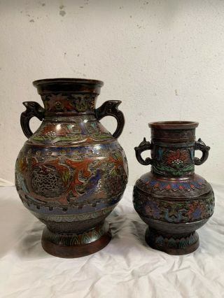 Two Antique Japanese Bronze Champleve Cloisonne Enamel Vases,  1900