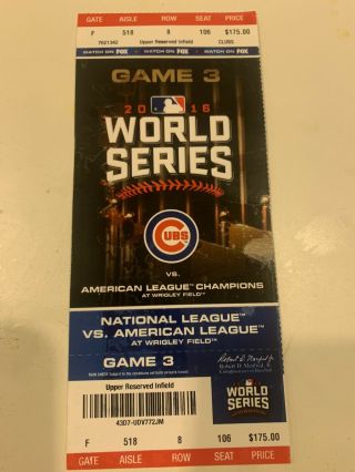 2016 World Series Game 3 Ticket Wrigley Fld.  Chicago Cubs /Official Lanyard &Pin 3
