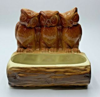 Vintage Fredericksburg Art Pottery (fabco) Three Owls On A Log Succulent Planter