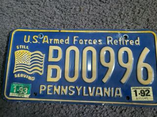 1991/1992 Pennsylvania Armed Forces Retired License Plate