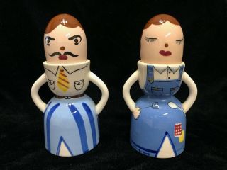 Vintage Man & Woman Egg Head Salt Pepper Shaker Set Egg Cup Bodies