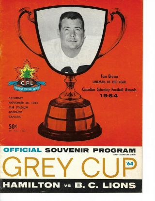 1964 Hamilton Tiger - Cats - Bc Lions Program Lions Win First Grey Cup Beauty
