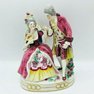 German Hand Painted Porcelain Figurine Lovers Statue Fan Marie Antoinette Mark