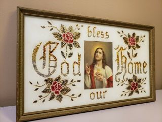 Antique " God Bless Our Home " Picture Foil Art Jesus Painted Glass 14.  5 X 9 " Vntg