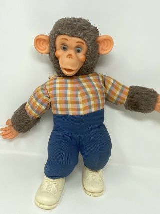 Vintage 1960’s Rubber Face Monkey Plush Toy Stuffed Animal Plaid Shirt