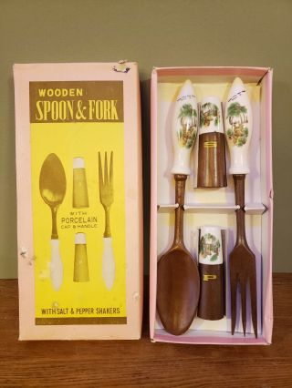 Vtg Wooden Spoon And Fork S&p Shaker Dining Set White Pines Deer Park Oregon Il