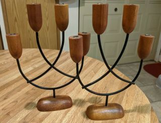 Set/two Vintage Mid Century Modern Norleans Wood Metal Candle Holders Japan Mcm