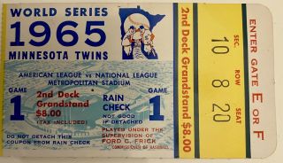 1965 Minnesota Twins Vs.  Los Angeles Dodgers World Series Ticket Stub