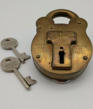 Antique Brass Padlock With 2 Keys Squire 550 English Four Brass Levers