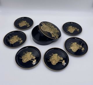 Vintage Otagiri Box Coaster Black Lacquer Gold Flower Cart Lacquerware