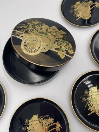 Vintage Otagiri Box Coaster Black Lacquer Gold Flower Cart Lacquerware 2
