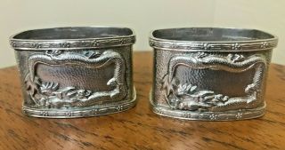 Pair Chinese Export Sterling Silver Napkin Rings - Dragon Design - 74.  23 Grams