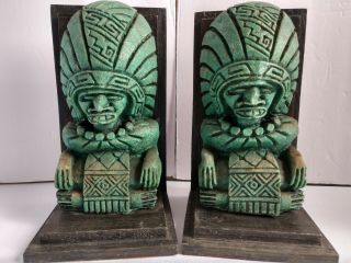 Aztec Mayan Tribal Book Ends - Green Faux Carved Stone - Heavy Book End