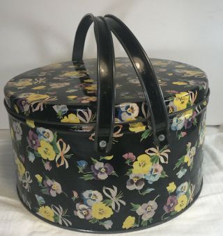 Vintage Cookie Tin Litho Round Box With Lid And Two Handles Pansies.  (st1)