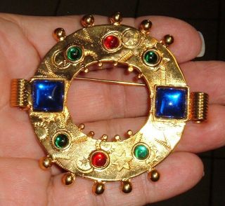 Vintage Brooch Gold Circle Star Red Blue Greeb Glass Medieval Renaissance Viking