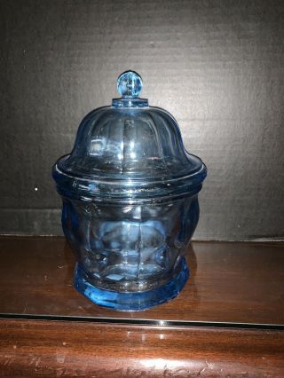 Vintage Indiana Glass Clear Blue Apothecary Jar Canister With Dome Lid 8 " Great